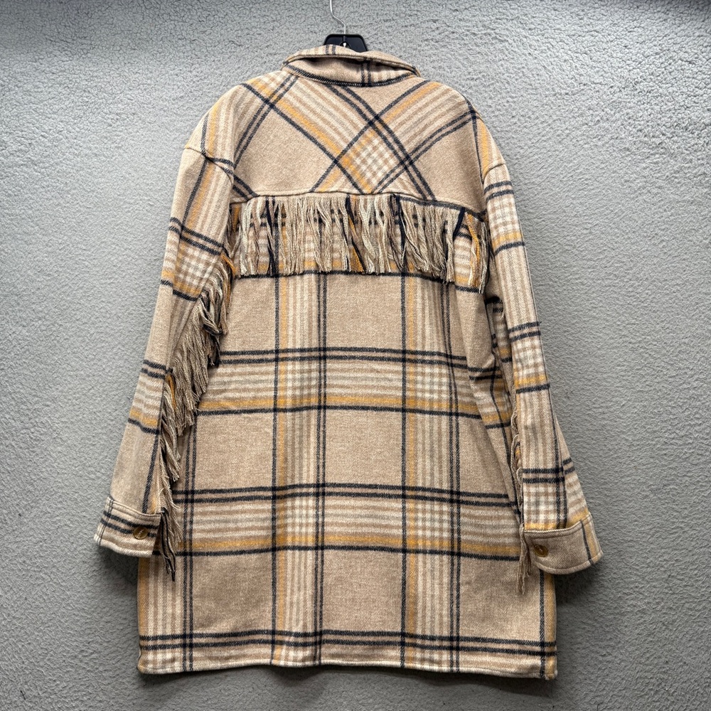 Fore Shacket Beige Plaid Fringe Button up Long Sleeve Pockets Western Women’s M - Picture 1 of 14